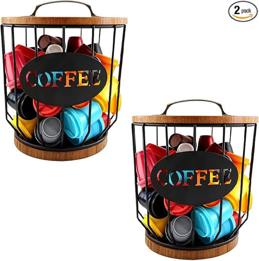 2 Pack Coffee Pod Holder with Lid Coffee Pods Storage Black Wire Coffee Storage Basket Large Capacity K Cup Holder with Wooden Base for Kitchen Countertop, Cafe Bar Organizer, Office Desktop