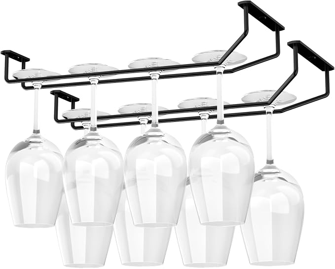 FOMANSH 14-Inch Wine Glass Holder - Under Cabinet Metal Stemware Rack for Kitchen Bar - Single Rail Hanging Storage Hanger, Set of 2