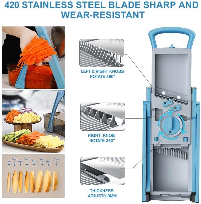 [All in 1] Upgraded Version Safe Mandoline Slicer for Kitchen, Adjustable Thickness. Veggie Slicer, Rapid Prep Mandoline, Detachable Blade, Cleaning Brush (Blue)
