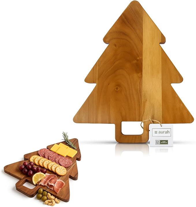 Aurah Acacia Wood Christmas Tree Cutting Board 14x11 Inch - Chopping Board with Handle, Xmas Cheese Appetizer Tray, Wooden Decorative Serving Platter for Kitchen & Holiday Party