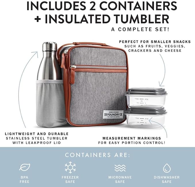 Foundry by Fit + Fresh, Thayer Insulated Lunch Bag with 2 Food Containers & 18oz. Stainless Steel Tumbler, Reusable Lunch Box, Mini Cooler Bag, Perfect for Work, College, Picnics