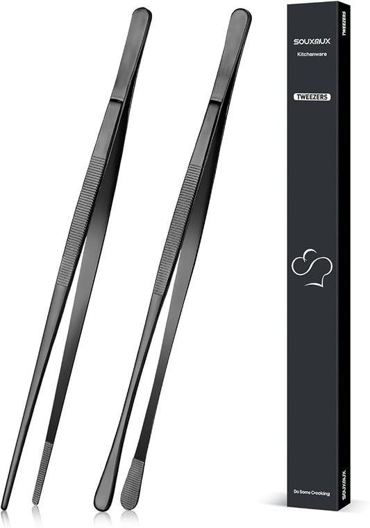 2 Pcs 12-inch Cooking Tweezers Tongs Precision Serrated Tips, Stainless Steel Professional Chef Tweezer Kitchen Tools for BBQ, Plating and Serving (Black)