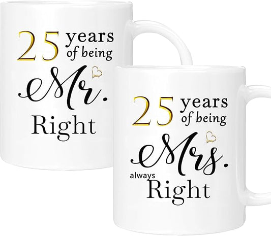 25th Anniversary Coffee Mugs Set of 2, 25 Year Anniversary Wedding Gifts Decorations for Couple Parents Men Women Husband Wife Him Her, Gift Box Packaging, 11oz