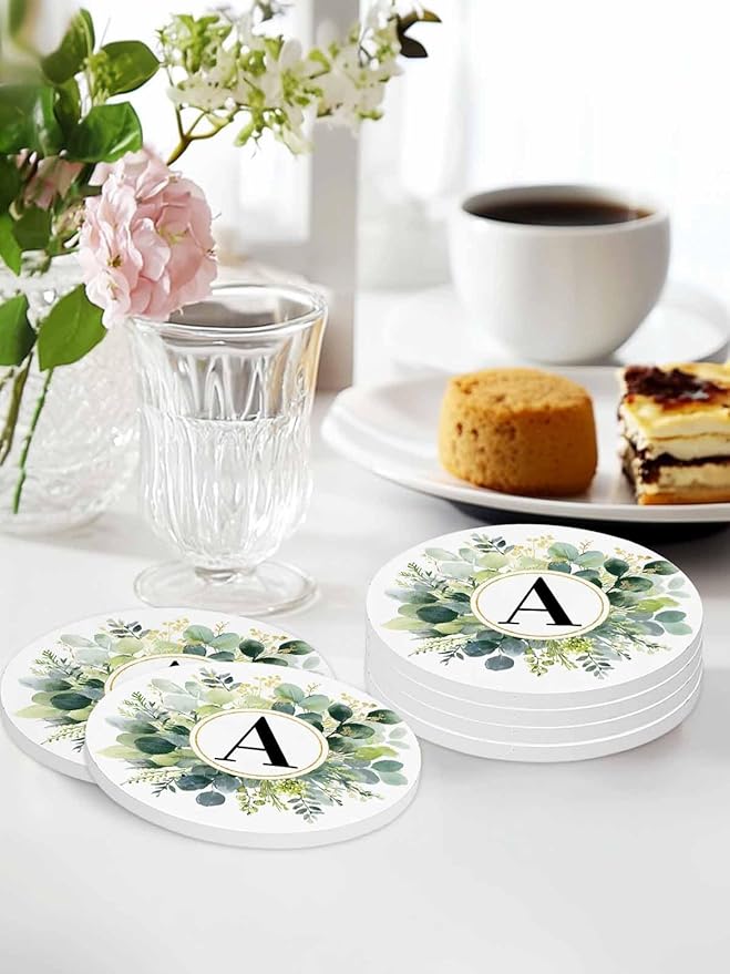 Coasters Set of 4 Letter A Drink Coasters with Holder Absorbent Stone Ceramic Cup Mat Alphabet Green Eucalyptus Leaves Coaster for Drinks Coffee Bar Office Kitchen Cafe Home Decor