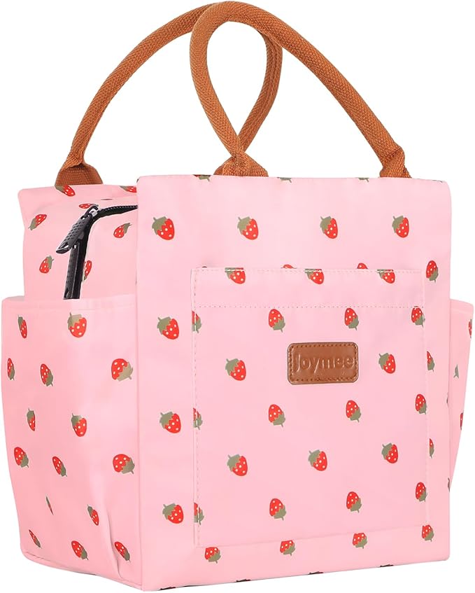 Joymee Insulated Lunch Bag For Women Reusable Lunch Box - Strawberry Pink | Spacious Storage, Bottle Holder & Pockets, Leakproof Insulated, for Work, Travel, Picnic, Daily Use, for Adult