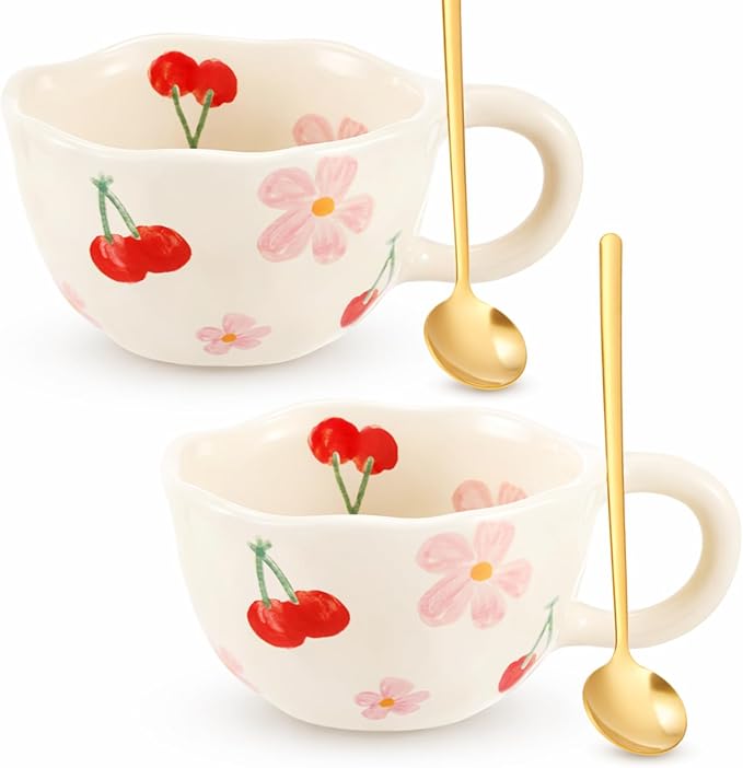 Vesici 2 Pcs Ceramic Coffee Mugs with Spoon, Vintage Floral Spring Mugs with Handle, 8.5 oz Aesthetic Flower Porcelain Tea Cup Set, Dishwasher & Microwave Safe Mothers Day Gifts for Mom(Cherry)