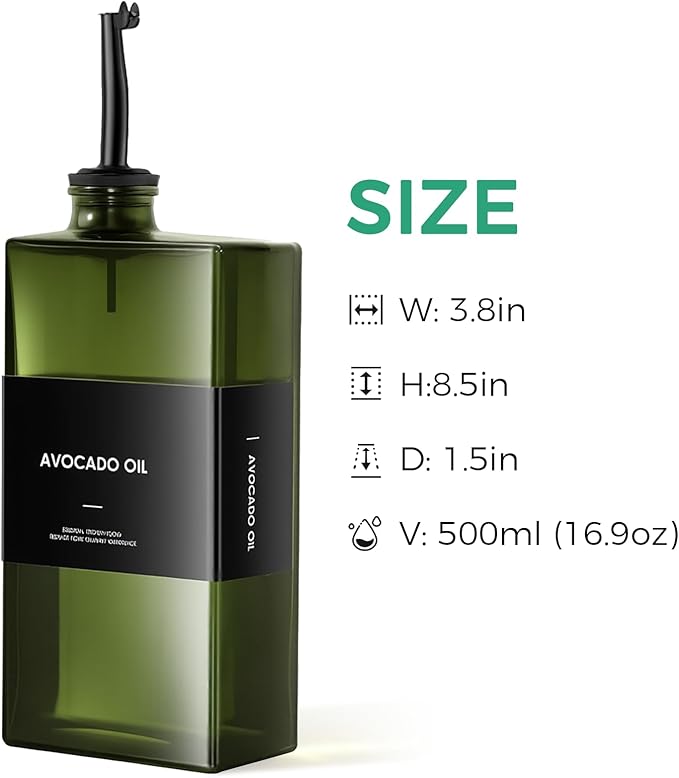 WISIMMALL Olive Oil Dispenser Bottle For Kitchen, 17OZ UV-Blocking Oil And Vinegar Dispenser Set Of 4, Soy Sauce Cooking Oil Dispenser with 4 Stainless Steel Pourers & 44 Labels