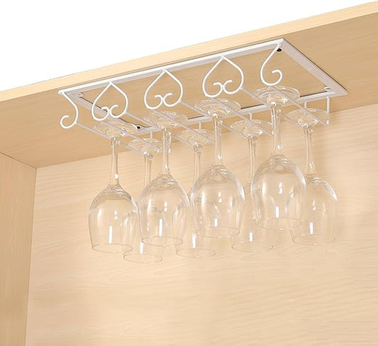 Wine Glass Rack Under Cabinet, Metal Wine Glasses Holders, Hanger Storage Organizer Hanging Glass, fit for Bar Kitchen 4 Rows(White)