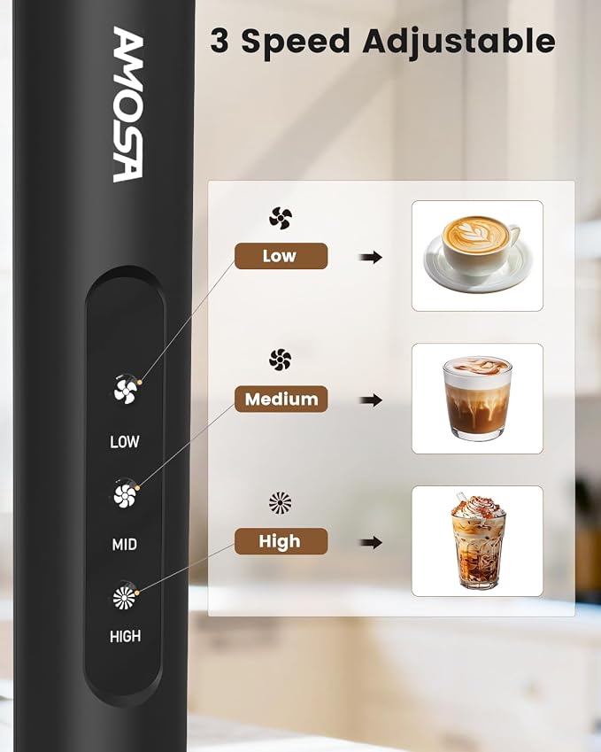 AMOSA Milk Frother Handheld with Stand, Rechargeable Frother with 3 Speeds & 3 Heads, Travel Frother with Case, Coffee Mixer for Latte, Milk, Cream, Egg, Coffee, Cappuccino