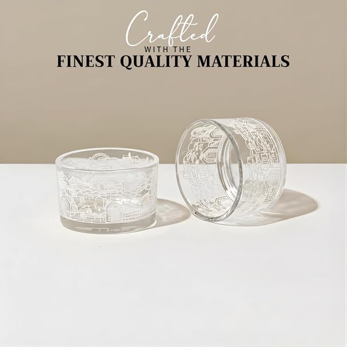 SURI Jerusalem Design Glass Shabbat Tea Light Candle Holder Set of 2 – Modern Judaica Home Décor