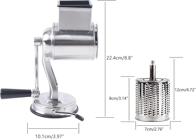 5-in-1 Rotary Cheese Grater Hand Drum Slicer Manual Cheese Shredder Multi-function Stainless Steel Vegetable Chopper Cutter with 5 Blades for Fruit Potato Cucumber Lemon Nut, Silver(Type1)