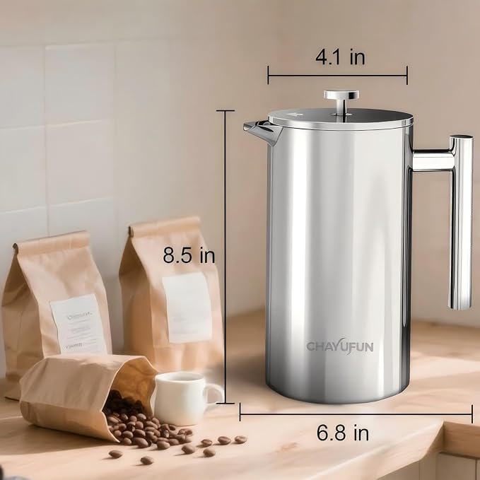 Stainless Steel French Press Coffee Maker, 34oz/1L, 5 Pack Filter | 304 Rust-Proof Metal Press, Thermal Insulated, Heat-Resistant Ergonomic Handle, BPA Free, Dishwasher Safe