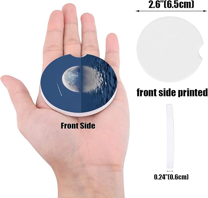 Car Coasters for Cup Holders 2.6" Dia Absorbent Coasters Set of 4 Car Interior Accessories for Women Ceramic Car Coaster for Drinks with Finger Grooves,Full Moon and Meteor Reflection on Sea Surface