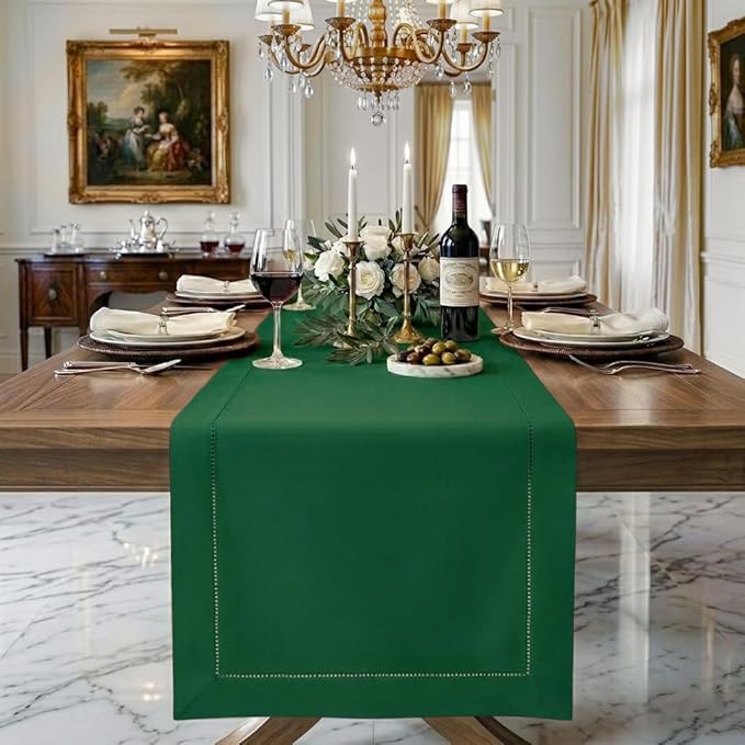 Signature Linen™ by D'Moksha Eden Green Table Runner 90 Inches Long, 100% Pure Linen, Hemstitch, 14 x 90 Inch Table Runner for Dresser, Dining- Summer, Father's Day