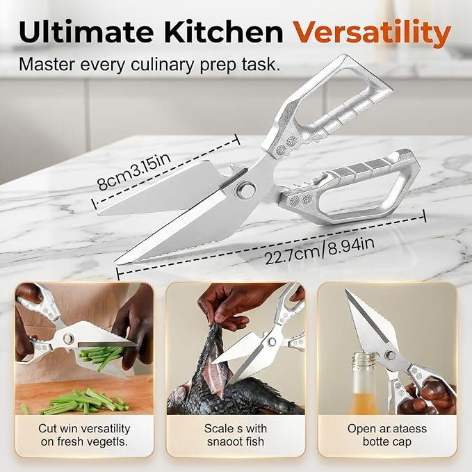 Heavy Duty Kitchen Scissors for Food with Ergonomic Anti-Slip Handle,Stainless Steel Chicken Bone Cutting Scissors Kitchen Tools,Poultry shears for Chicken, Meat, Seafood, Bone Cutting (Sliver, 1PC)