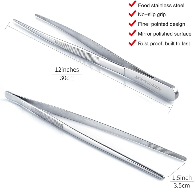 12 Inch Kitchen Tweezers Fine Tweezer Tongs, MSY BIGSUNNY Stainless Steel Food Tweezers Multi-function Precision Serrated Tips Cooking Tongs Kitchen Serving Tong