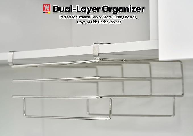WAGENSTEIGER Stainless Steel Under/Over Cabinet Cutting Board and Kitchen Towel Rack – Space-Saving Rack for Countertop and Cabinet Door Storage, Chopping Board Holder (10.24 x 9.84 x 5.12 in)
