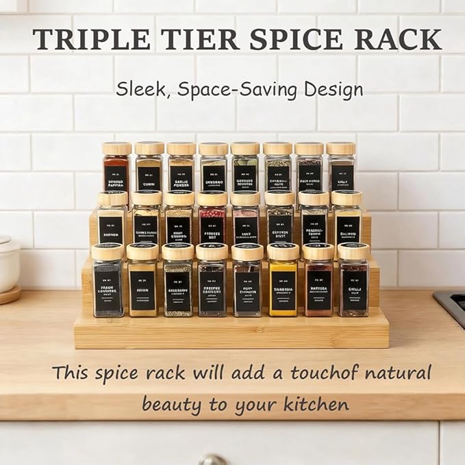 3 Tier Bamboo Spice Rack Organizer, Wooden Seasoning Organizer Shelf, 3 Tier Countertop Step Shelf for Kitchen Cabinet, Pantry, Countertop Organization, Desktop Display Shelf (2 Pack)