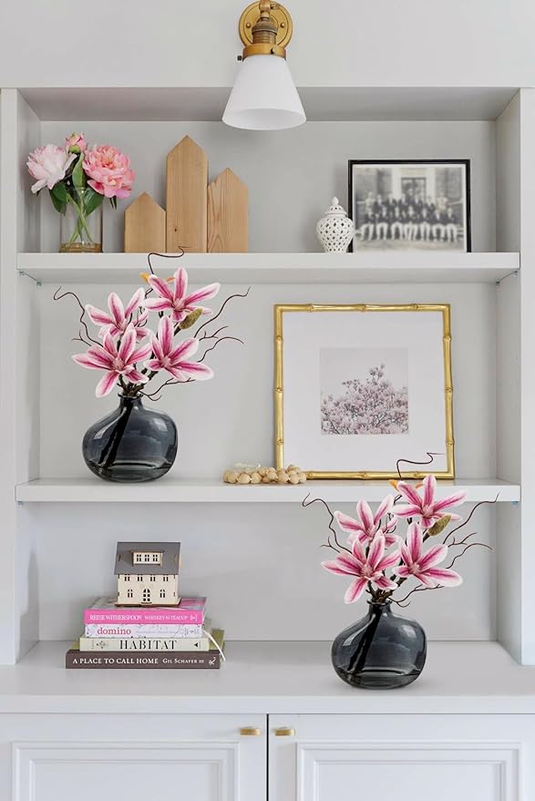 Briful 2PACK Artificial Magnolia Flowers with Grey Glass Vase, Small Faux Magnolia Arrangement Realistic Silk Flowers for Elegant Home Table Shelf Bathroom Decor, Pink