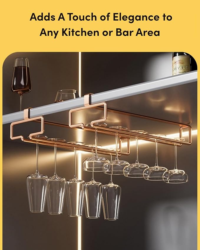 LINFIDITE 2 Pack Under Cabinet Wine Glass Rack Rose Gold Wine Glass Holder Stemware Rack Hanger Kitchen Hanging Storage Rack Organizer (For Partition Thickness under 0.98")