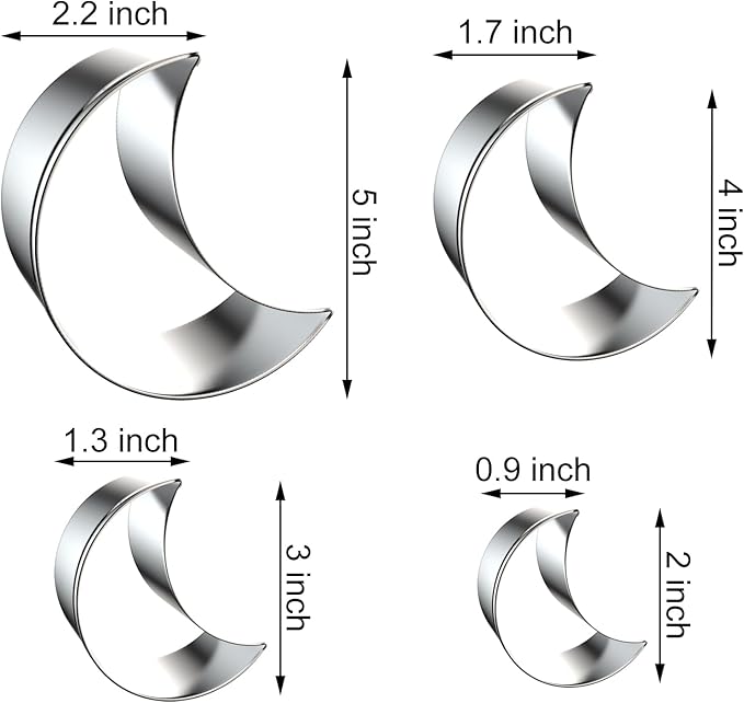 Crescent Moon Cookie Cutter Set - 5 inch, 4 inch, 3 inch, 2 inch - 4 Piece New Moon Cookie Cutters Shapes Molds - Stainless Steel