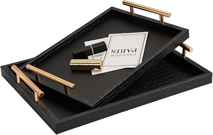 Modern Elegant Large Wood Serving Tray, Set of 2 Black Crocodile Leather with Gold Polished Metal Handles, Home Decorative Rectangle Ottoman Decor Platter Living Room Bathroom Vanity Tray