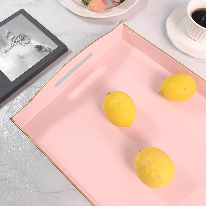 Pink Serving Tray with Handles, Plastic Decorative Tray for Coffee Table, Ottoman - Ideal for Living Room & Bathroom. 15” x 11” x 2.5”