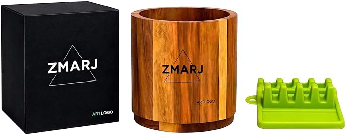 Acacia Wood Utensil Crock Pair With Green Spoon Rest Holder perfect for Kitchen Counter, Rotating 360° Wooden Utensil Holder, Countertop Decor, Utensil Organizer
