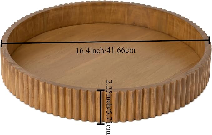 Ribbed Wood Decorative Tray, 16.5-Inch Round with Light Honey Finish for Table Centerpieces