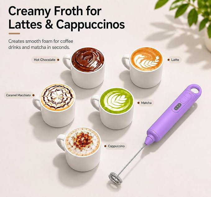 Rechargeable Milk Frother Handheld 3 Speed Coffee Foamer [3 Whisk] Electric Drink Mixer for Latte, Cappuccino, Coffee, Eggs, Hot Chocolate, Purple