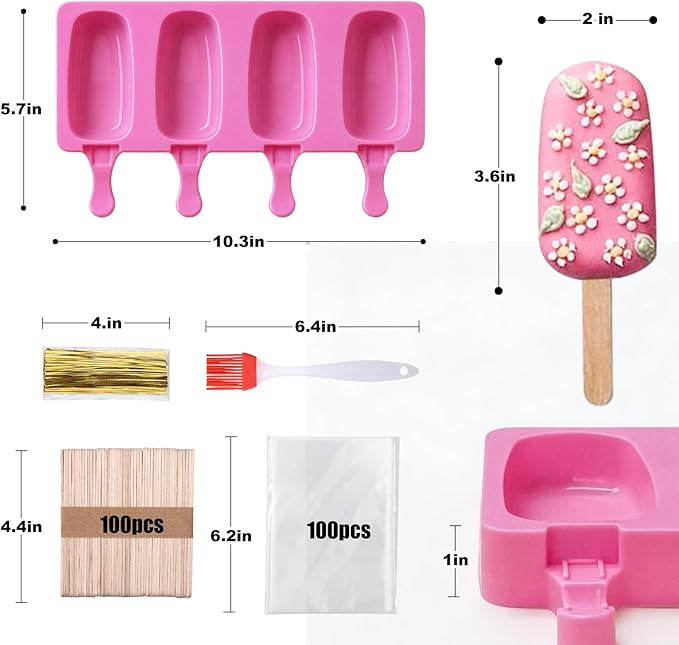 Juome Cake Pop Mold Kit, 2 Pack 8 Cavities Cakesicle Molds Silicone with 100 Wooden Sticks & 100 Packaging Bags with Ties, Cake Pop Maker Supplies Accessories, Baking Tools for Home Desserts (Pink)