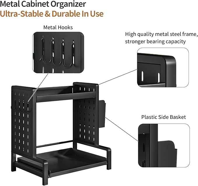 INGIORDAR 2 Tier Spice Rack Metal Standing Kitchen Seasoning Storage Shelf with Hanging Basket Pull Out Countertop Organizer for Counter, Cabinet, Pantry, Bathroom, Bedroom (Black)