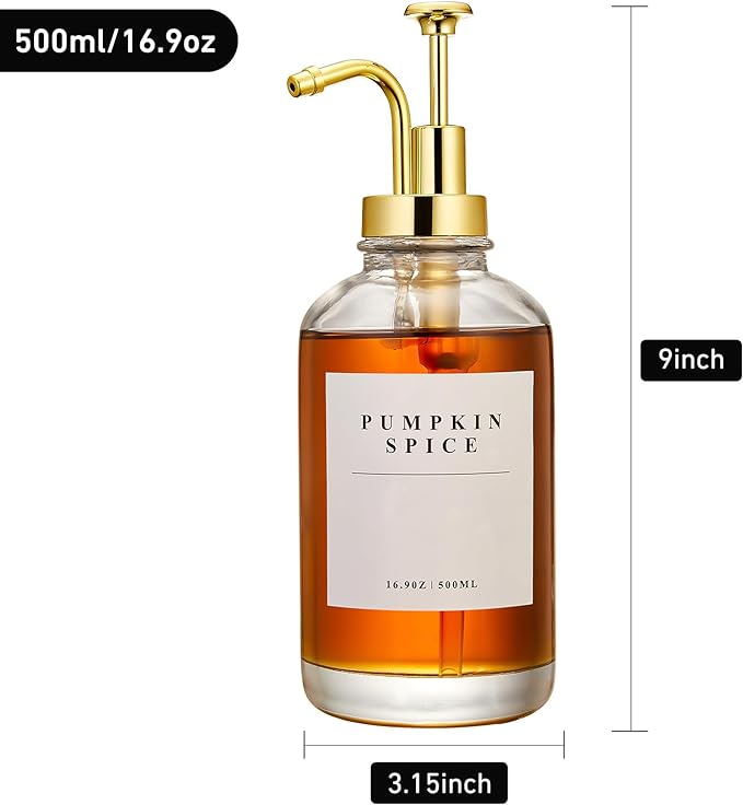 Coffee Syrup Dispenser for Coffee Bar, Coffee Syrup Pump Dispenser, Glass Syrup Bottle with Gold Upgraded Pump, 2 Pack 16.9 oz 500 ml Syrup Dispensers, 28 Labels and Bamboo Tray