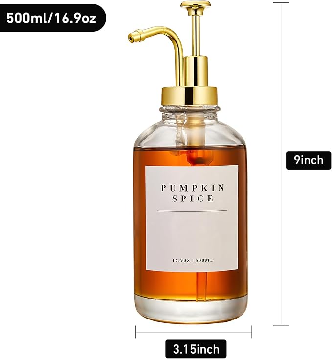 Coffee Syrup Dispenser for Coffee Bar, Coffee Syrup Pump Dispenser, Glass Syrup Bottle with Gold Upgraded Pump, 1 Pack 16.9 oz 500 ml Syrup Dispensers, 28 Labels
