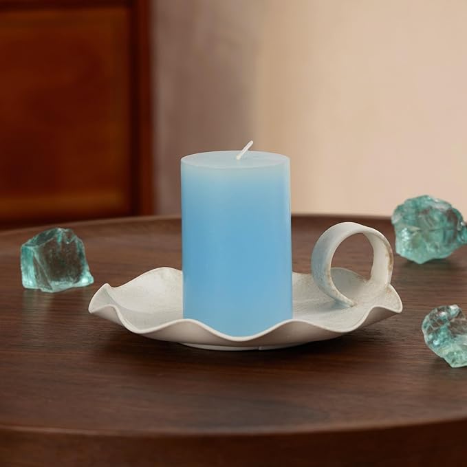 Candle Holders for Pillar Candles, 5.5" Overall Width Vintage Metal Plate Holder with Handle, Fits Candles up to 3.3" Diameter & Flameless, Distressed White (Candles Not Included)