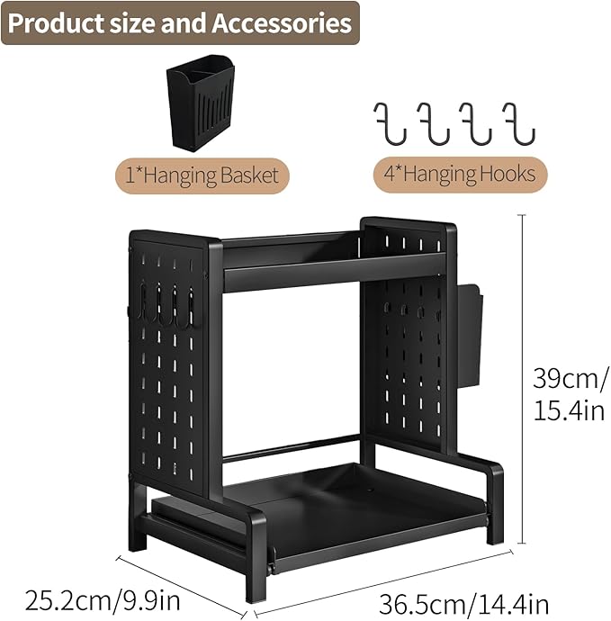 INGIORDAR 2 Tier Spice Rack Metal Standing Kitchen Seasoning Storage Shelf with Hanging Basket Pull Out Countertop Organizer for Counter, Cabinet, Pantry, Bathroom, Bedroom (Black)