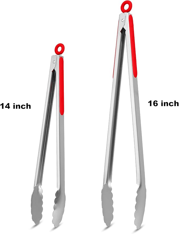304 Stainless Steel Kitchen Cooking Tongs, 14" and 16" Set of 2 Sturdy Grilling Barbeque Brushed Locking Food Tongs with Ergonomic Grip, Red