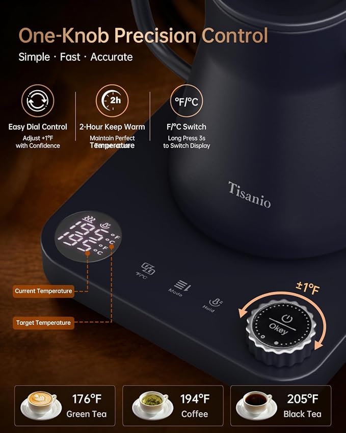 Gooseneck Electric Kettle for Pour Over Coffee, ±1°F Precision Control, Smart Two-Stage Heating, 2-Hour Keep Warm, 0.9L Stainless Steel, Blue Wood Handle
