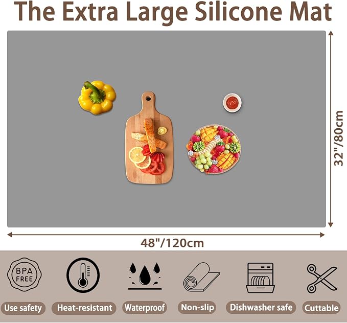Silicone Mats for Kitchen Counter, 48"x32"(120cmx80cm) Large Heat Resistant Mat Kitchen Island Waterproof Countertop Protector Mat Nons-slip Extra Large Counter Mat, Light Gray