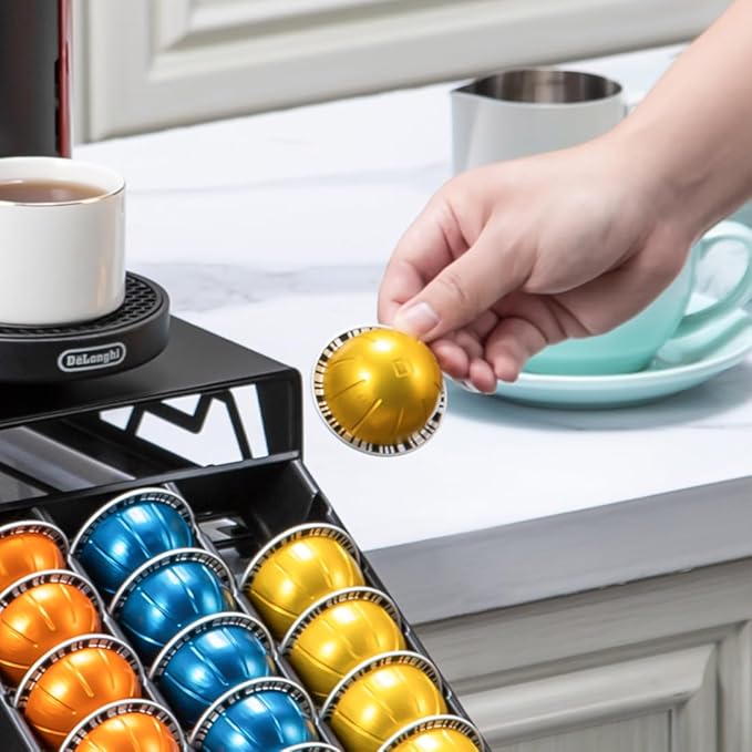 FlagShip Vertuo Pod Holder- Modern Black Metal Coffee Capsule Organizer & Space-Saving Pod Storage for Coffee Machines, Generous 40 Vertuo Pods Capacity