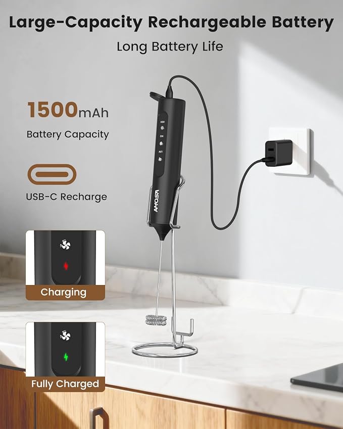 AMOSA Milk Frother Handheld with Stand, Rechargeable Frother with 3 Speeds & 3 Heads, Travel Frother with Case, Coffee Mixer for Latte, Milk, Cream, Egg, Coffee, Cappuccino