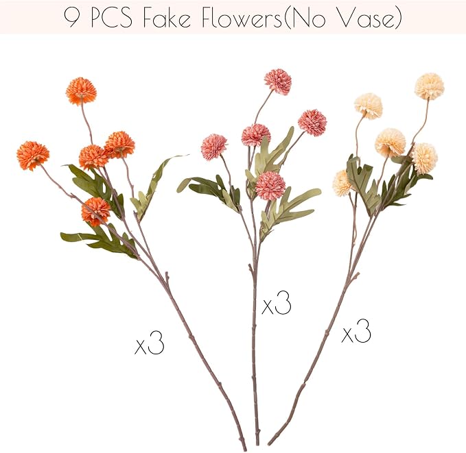 trytuny Fake Fall Flowers for Vase, Faux Silk Kiku Mums, Artificial Pom pom Floral Bouquets Indoor Centerpiece Office Coffee Table Boho Home Decorations (9, Mixed Orange)