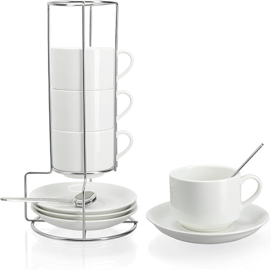 8 Ounce Cappuccino Cups Set of 4, Stackable Cappuccino Mugs, Includes Display Stand, Cups Saucers, and Spoons, for Machines & Home Use, White, Silver Tone