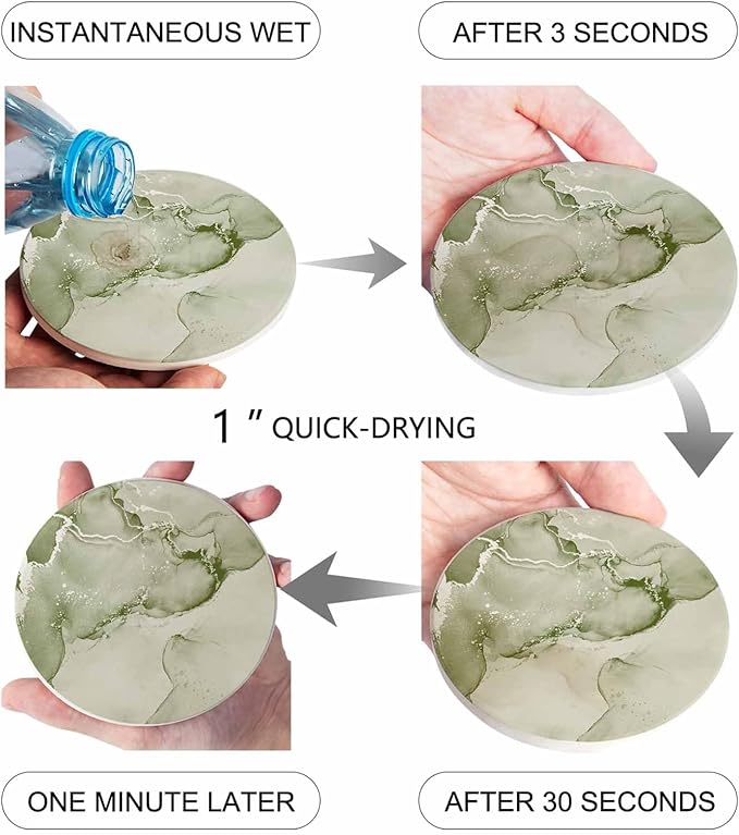 Coasters Set of 4 Sage Green Marble Drink Coasters with Holder Absorbent Stone Ceramic Cup Mat Abstract Waves Cloud Coaster for Drinks Coffee Bar Office Kitchen Cafe Home Table Decor