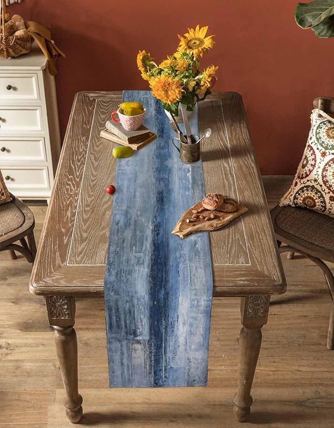 Burlap Linen Table Runner - 70 Inch Long, Retro Rustic Art Abstract Modern Decor Kitchen Dining Table Runner Dresser Scarves, Blue Ombre Painting Farmhouse Decor for Coffee Table Wedding Party Banquet