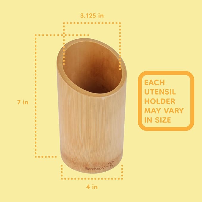 BambooMN Bamboo Kitchen Utensil Holder for Countertop, Utensil Crock for Cooking Utensils - 7" x 4" - Carbonized Brown - 10 Pieces