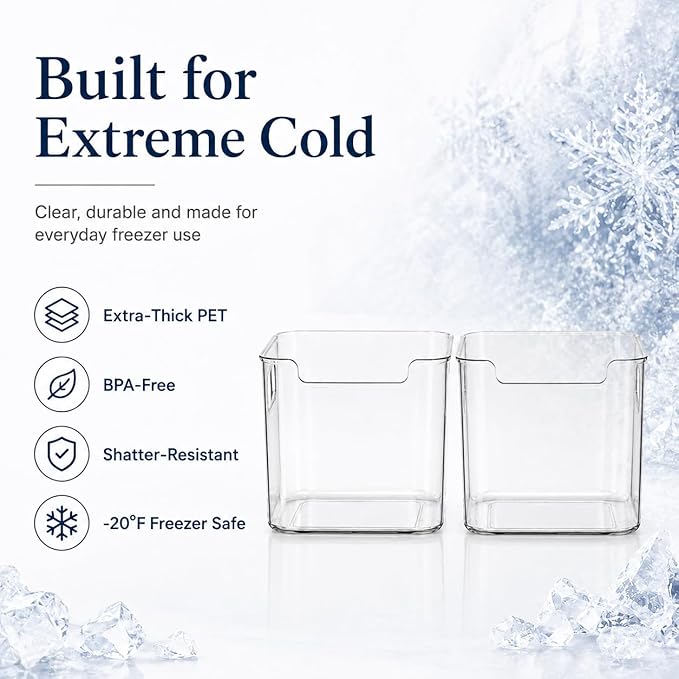Clear Crystal Freezer Storage Bins,3 Pack Clear Plastic Organizer Freezer Bins for Refrigerator and Pantry,Stackable Kitchen Cabinet Containers with Handles (Crystal Clear, 3pcs*Large)