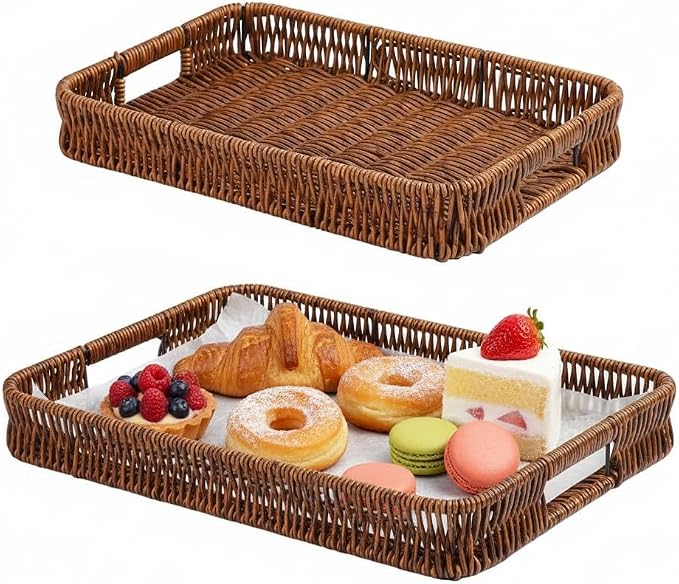 2pcs Rectangular Serving Tray with Handles, Decorative Wicker Organizer Baskets Storage Tray for Coffee Table, Bread, Fruit, Snacks, Centerpiece Decor