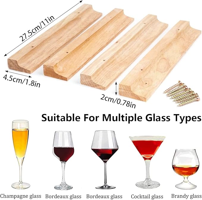 Woody Wine Glass Holder Rack 11 Inch Woody Hanging Wine Glass Holder Mounted Under-Cabinet Stemware Storage Rack with 8 Mounting Screws No Drilliing(4 rows 2 rows)