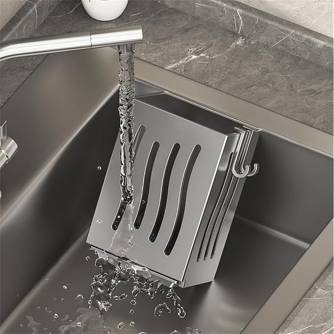 Wall Mounted Utensil Holder with Drip Tray, Kitchen Cutlery Drying Rack and Storage Box for Spoon Fork Brush Sponge, ABS Plastic Sink Side(Grey)